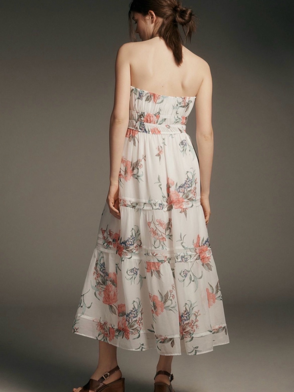Anthropologie Strapless Floral Tiered Maxi Dress - White with Coral Floral